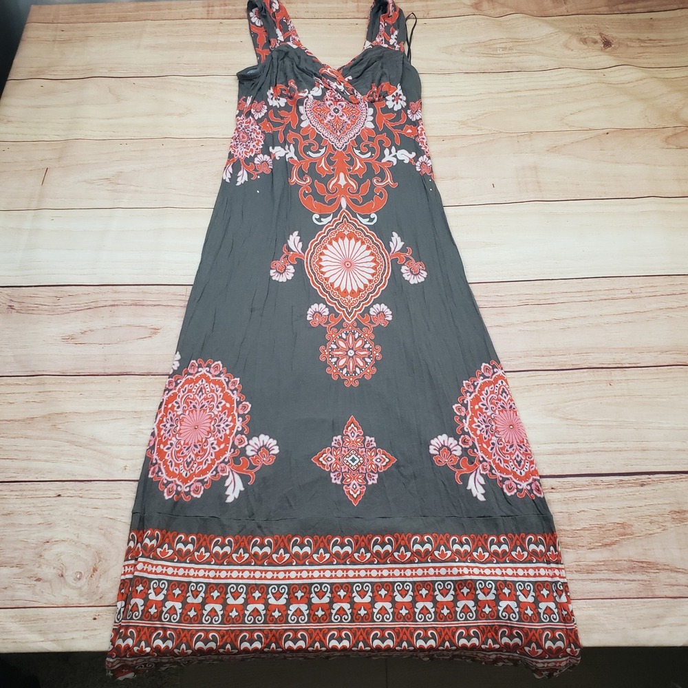 INC International Concepts Maxi Dress‎ Womens Petite M Gray Coral Medallion Boho